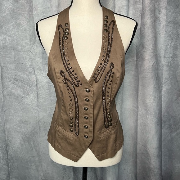 LUCY PARIS Brown Steam Punk Victorian Style Vest with Brass Look Buttons & Beads - Picture 1 of 14